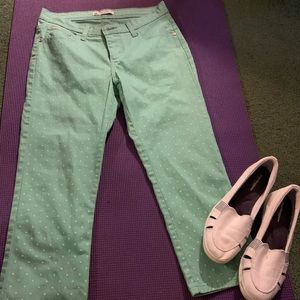 NWOT Lee Natural fit green denim jean material with white dots, nice